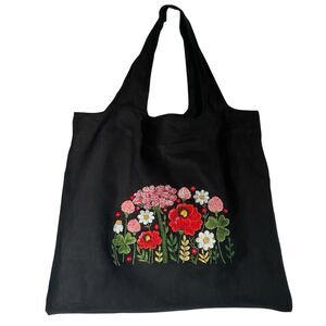 OOAK Hand Embroidered Linen Tote Bag 18x16” Floral Summery Boho Signed